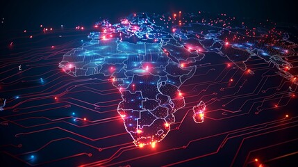 A glowing blue and red circuit board in the shape of the continent of Africa.