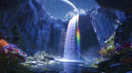 A Mesmerizing Rainbow Waterfall Cascading Down a Hidden Mountain Crevice Revealing a Secret Land of Crystal Clear Pools and Vibrant Flora Bathed in