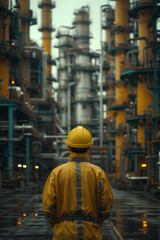 Fototapeta premium Engineer standing at Industrial view at oil refinery plant from industry zone.