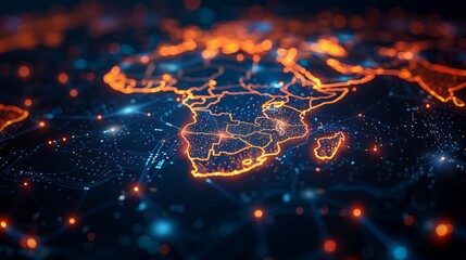 A glowing orange outline of the continent of Africa on a dark blue background with bright blue and orange lights scattered throughout. - obrazy, fototapety, plakaty