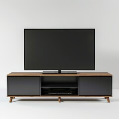 3D Render of a sleek TV stand with storage compartments, on isolated white background, Generative AI
