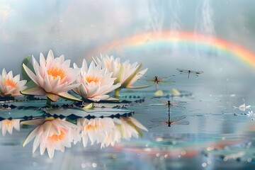 Serene Watercolor Reflection Vibrant Rainbow Blooming Water Lilies and Flitting Dragonflies on a Tranquil Lake