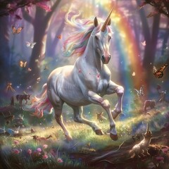 Majestic Unicorn Galloping Through a Rainbow Bathed Meadow Surrounded by Whimsical Creatures and Butterflies