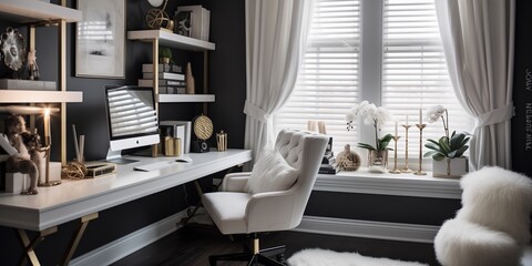 A chic and inviting home office space with a functional desk setup and vibrant decor accents. - obrazy, fototapety, plakaty