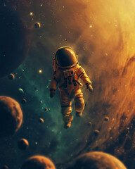 Fototapeta na wymiar Astronaut Floating in Colorful Space