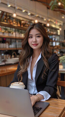 A businesswoman, beautiful, cute Thai woman wearing a business suit, sitting and sending emails with a laptop.