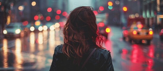 A woman is strolling down a bustling city street under the evening lights and skyscrapers - obrazy, fototapety, plakaty