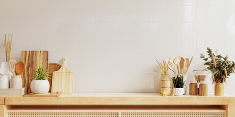 Mockup wall panelling with wooden shelf and accessories in kitchen room- 3D rendering - obrazy, fototapety, plakaty