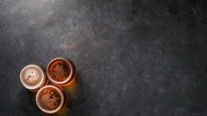 Three glasses of beer with foam on textured, dark background
