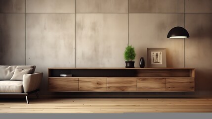 Interior of modern living room with sideboard over wooden paneling wall. Contemporary room with dresser 