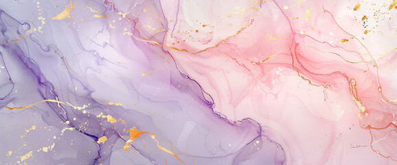 Fototapeta premium Delicate pastel pink and purple tones dance gracefully across a canvas, accented by intricate gold marble lines in a stunning watercolor illustration. With the precision of AI generative technology 