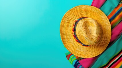 Straw hat resting on colorful striped fabric against blue background