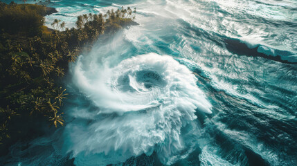 Sea, typhoon and cyclone as natural disaster or storm clouds for weather emergency, evacuation or land. Whirlwind, environment and climate change crisis in Cuba or tropical, forest or destruction - obrazy, fototapety, plakaty