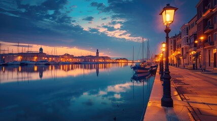 Twilight at serene marina with reflections on water, street lamps lit - obrazy, fototapety, plakaty