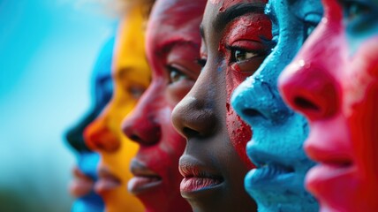 Side view of people with colorful painted faces in row - obrazy, fototapety, plakaty