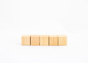 Five empty wooden cubes on white background. Blank space for text and banners.