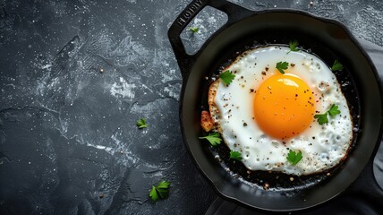 Fried egg in skillet with herbs sprinkled around