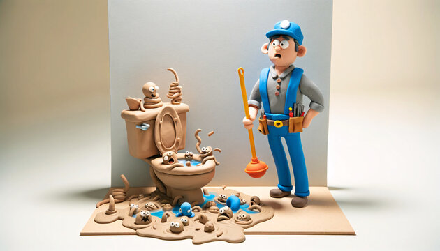 a humorous clay model scene with a character depicted as a plumber