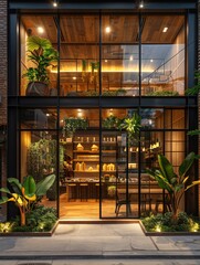 Modern Cafe Exterior with Warm Interior Lighting and Greenery