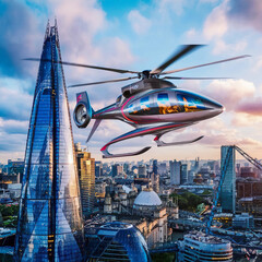 Executive helicopter flying over the cityscape