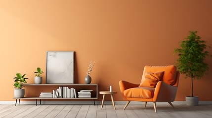 Interior of modern living room with wooden coffee table and orange armchair empty wall 