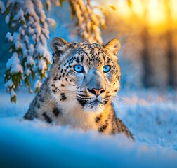 Snow Leopard in the Jungle During Winter with Snow | Beautiful Majestic Big Cat White Leopard in Forest | Wild Serene Calm Peaceful Leopard Feline with Blue Eyes | Wild Leopards Predator Hunting