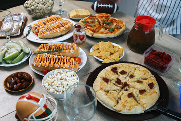 Assortment of Super Bowl Food on The Table, Preparation to Watching Sport Match Championship Together with Family at Home 