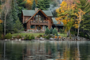 Obraz premium A cozy lakeside lodge nestled in the forest, with rustic log cabins, crackling fireplaces, and panoramic views of the tranquil waters, Generative AI