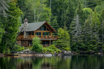 Obraz premium A cozy lakeside lodge nestled in the forest, with rustic log cabins, crackling fireplaces, and panoramic views of the tranquil waters, Generative AI