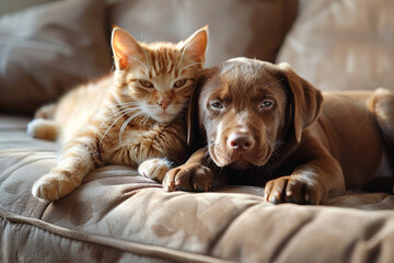 A brown dog and a cat are laying on a couch