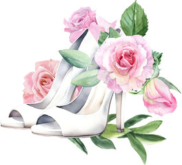 Watercolor wedding composition with pink flowers, peonies. and eucalyptus. White shoes surrounded by flowers.