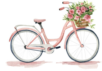 Fototapeta na wymiar Watercolor wedding composition with pink flowers, peonies. and eucalyptus. Pink bicycle, hand drawn with delicate flowers.