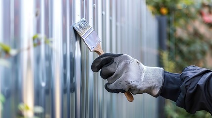 Obraz premium Human hand painting a house fence, doing home improvement by refreshing the paint of the steel fence. Close-up hand wearing glove and holding brush. copy space for text.