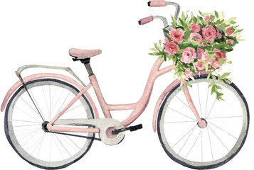 Watercolor wedding composition with pink flowers, peonies. and eucalyptus. Pink bicycle, hand drawn with delicate flowers.