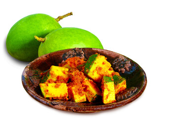 indian gujarati food recipe mango pickle with fresh green mango,cutout in transparent background,png format