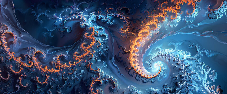 Delve into the depths of an enigmatic masterpiece with this AI-generated image. Fractal waves unfold in breathtaking detail, their intricate patterns mesmerizing the viewer. 
