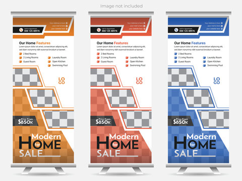 Modern and clean Real state , home for sale roll up banner design with multiple color building sale rollup banner design. 