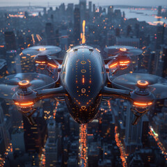 A futuristic drone is flying over a city at night