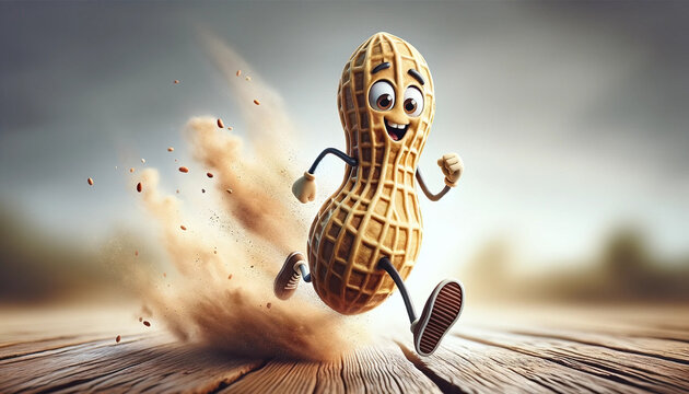 An image of a whimsical, anthropomorphized peanut character speed running - Generative AI