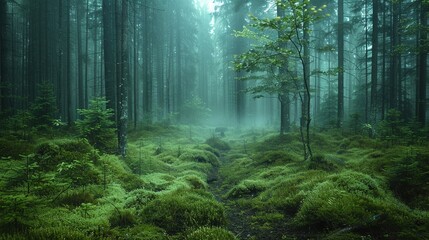 Obraz premium A dense forest shrouded in fog evokes an ethereal and mysterious atmosphere. Fantasy landscape. Generative AI