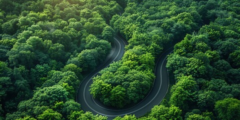 Birds-eye view of green forest below, separated by winding asphalt road. Luxurious aesthetic background. Generative AI