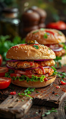 Beautiful presentation of Chicken Sandwich, hyperrealistic food photography
