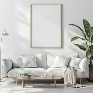 A white couch sits in front of a large white framed picture