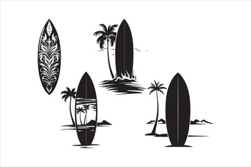 Silhouette of a surfing board on the beach with white color background.