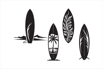 Silhouette of a surfing board on the beach with white color background.