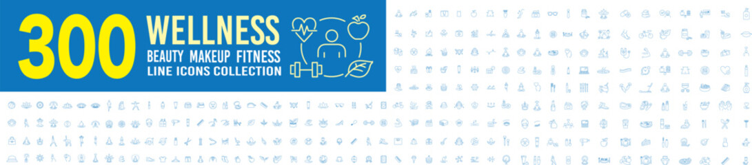 Wellness, Gym, Relaxation, Healthy Lifestyle, Exercise, Yoga, Spa, Diet, Fitness, Diet, Wellbeing, editable line icons set collection mega set.