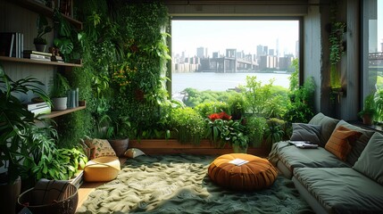 Fototapeta na wymiar Urban Jungle Style Interior with Cityscape View