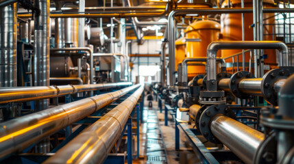 A large industrial plant with many pipes and valves - obrazy, fototapety, plakaty