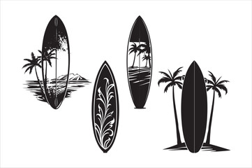 Silhouette of a surfing board on the beach with white color background.