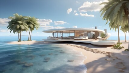 A luxurious 3D vacation getaway on a calm beach with glistening water